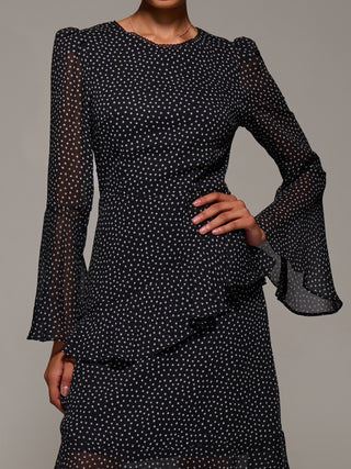 Long Sleeve Frill Chiffon Knee-Length Dress, Black Spot