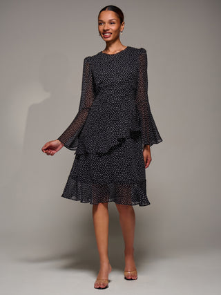 Long Sleeve Frill Chiffon Knee-Length Dress, Black Spot