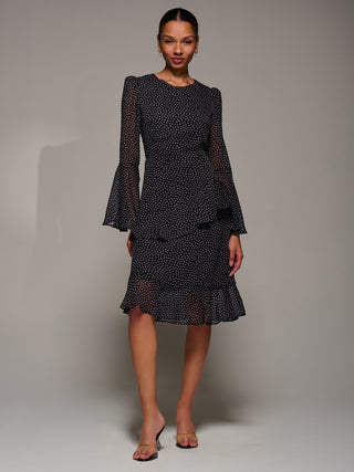 Long Sleeve Frill Chiffon Knee-Length Dress, Black Spot