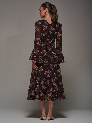 Long Sleeve Chiffon Print Frill Midaxi Dress, Burgundy Floral