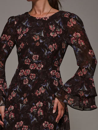 Long Sleeve Chiffon Print Frill Midaxi Dress, Burgundy Floral