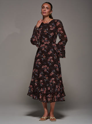 Long Sleeve Chiffon Print Frill Midaxi Dress, Burgundy Floral