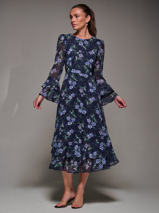 Long Sleeve Chiffon Print Frill Midaxi Dress, Navy Floral