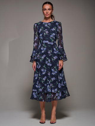 Long Sleeve Chiffon Print Frill Midaxi Dress, Navy Floral