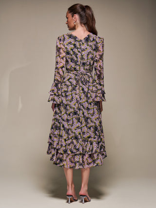 Long Sleeve Chiffon Print Frill Midaxi Dress, Purple Multi
