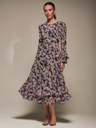 Long Sleeve Chiffon Print Frill Midaxi Dress, Purple Multi