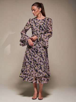 Long Sleeve Chiffon Print Frill Midaxi Dress, Purple Multi