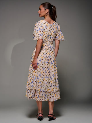 Frill Detail Chiffon Midaxi Dress, Beige Spot