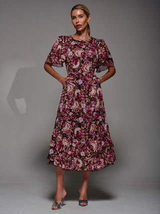 Frill Detail Chiffon Midaxi Dress, Burgundy Floral