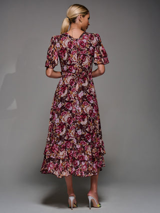 Frill Detail Chiffon Midaxi Dress, Burgundy Floral
