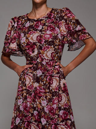 Frill Detail Chiffon Midaxi Dress, Burgundy Floral