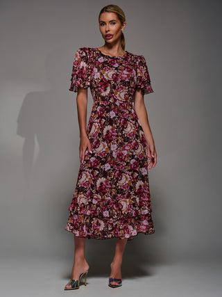 Frill Detail Chiffon Midaxi Dress, Burgundy Floral