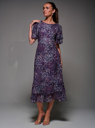 Frill Detail Chiffon Midaxi Dress, Purple Abstract