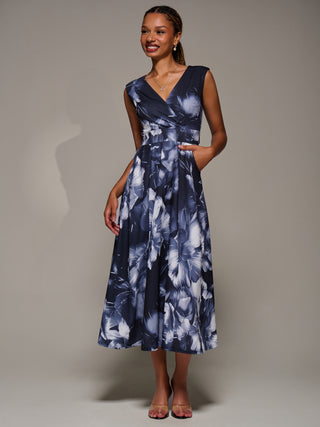 V-Neck Fit & Flare Scuba Midaxi Dress, Black Abstract