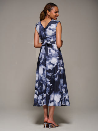 V-Neck Fit & Flare Scuba Midaxi Dress, Black Abstract
