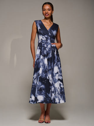 V-Neck Fit & Flare Scuba Midaxi Dress, Black Abstract