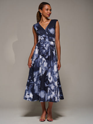 V-Neck Fit & Flare Scuba Midaxi Dress, Black Abstract