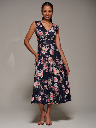 V-Neck Fit & Flare Scuba Midaxi Dress, Black Floral