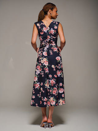 V-Neck Fit & Flare Scuba Midaxi Dress, Black Floral