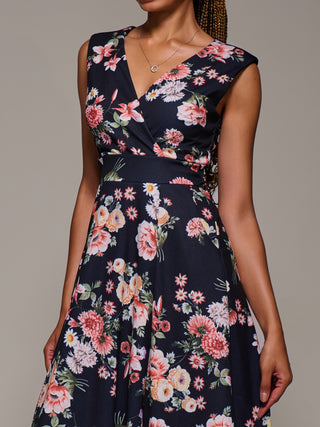 V-Neck Fit & Flare Scuba Midaxi Dress, Black Floral
