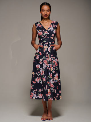 V-Neck Fit & Flare Scuba Midaxi Dress, Black Floral
