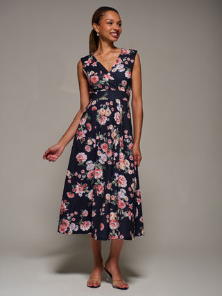 V-Neck Fit & Flare Scuba Midaxi Dress, Black Floral