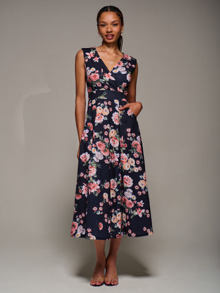 V-Neck Fit & Flare Scuba Midaxi Dress, Black Floral