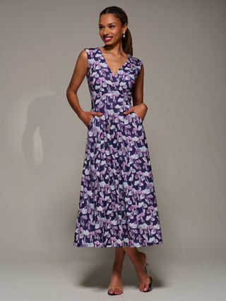 V-Neck Fit & Flare Scuba Midaxi Dress, Purple Floral
