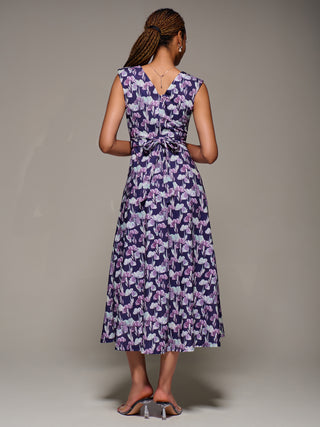 V-Neck Fit & Flare Scuba Midaxi Dress, Purple Floral