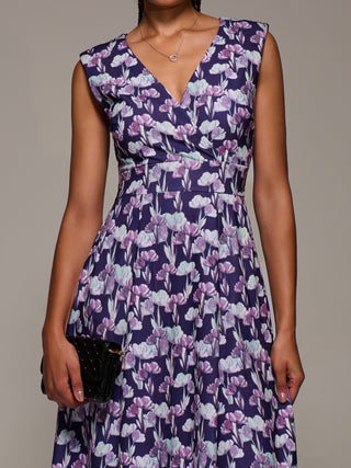 V-Neck Fit & Flare Scuba Midaxi Dress, Purple Floral