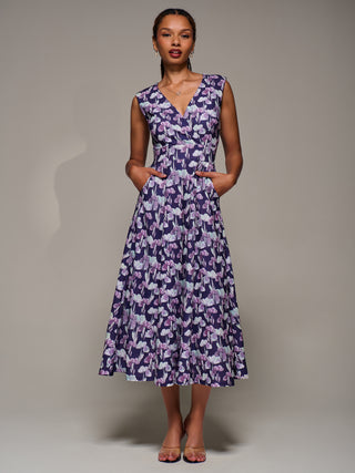 V-Neck Fit & Flare Scuba Midaxi Dress, Purple Floral