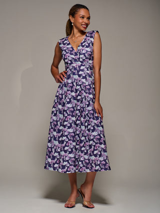 V-Neck Fit & Flare Scuba Midaxi Dress, Purple Floral