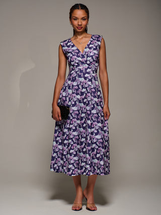 V-Neck Fit & Flare Scuba Midaxi Dress, Purple Floral