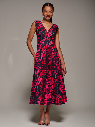 V-Neck Fit & Flare Scuba Midaxi Dress, Red Animal
