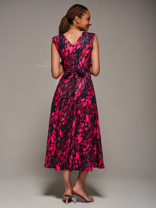 V-Neck Fit & Flare Scuba Midaxi Dress, Red Animal