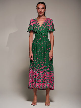 Mirrored Mesh Short Sleeve Midaxi Dress, Green Floral