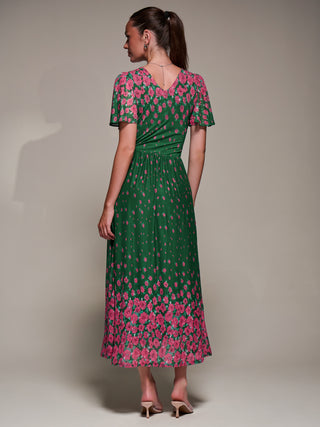 Mirrored Mesh Short Sleeve Midaxi Dress, Green Floral