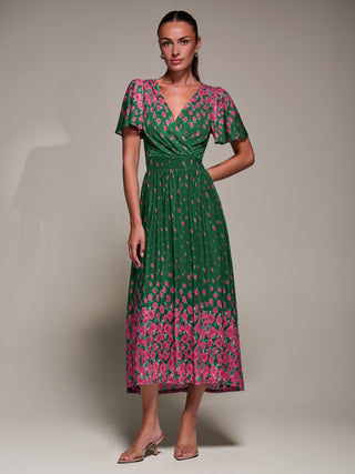 Mirrored Mesh Short Sleeve Midaxi Dress, Green Floral