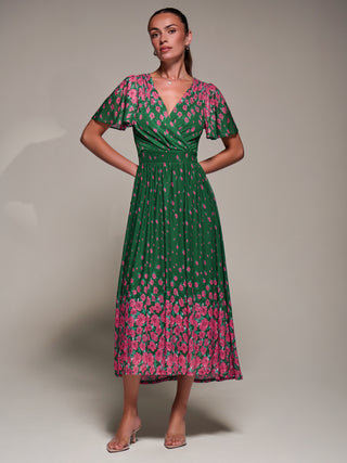 Mirrored Mesh Short Sleeve Midaxi Dress, Green Floral