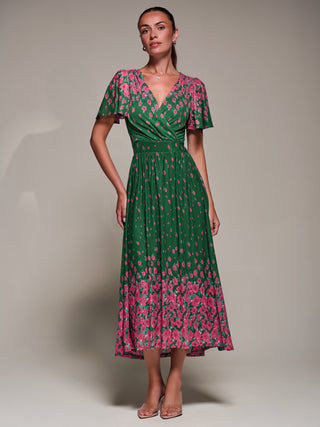 Mirrored Mesh Short Sleeve Midaxi Dress, Green Floral