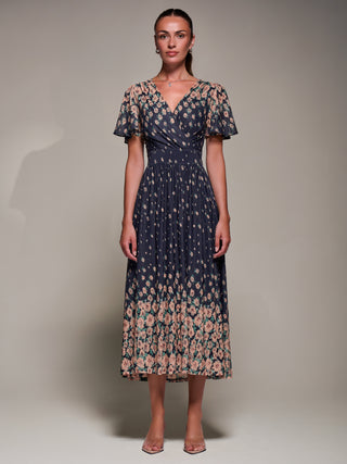 Mirrored Mesh Short Sleeve Midaxi Dress, Navy Floral