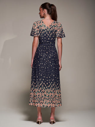 Mirrored Mesh Short Sleeve Midaxi Dress, Navy Floral