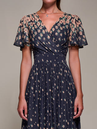 Mirrored Mesh Short Sleeve Midaxi Dress, Navy Floral