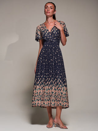 Mirrored Mesh Short Sleeve Midaxi Dress, Navy Floral