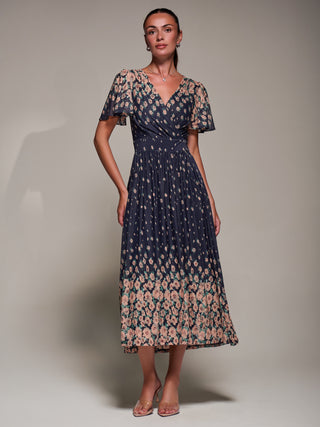 Mirrored Mesh Short Sleeve Midaxi Dress, Navy Floral