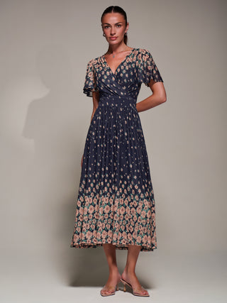 Mirrored Mesh Short Sleeve Midaxi Dress, Navy Floral