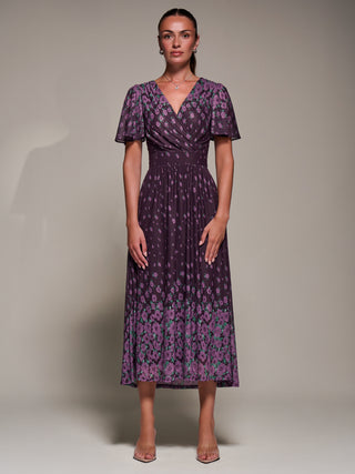Mirrored Mesh Short Sleeve Midaxi Dress, Purple Floral