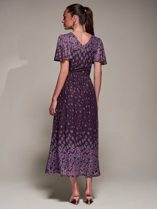Mirrored Mesh Short Sleeve Midaxi Dress, Purple Floral