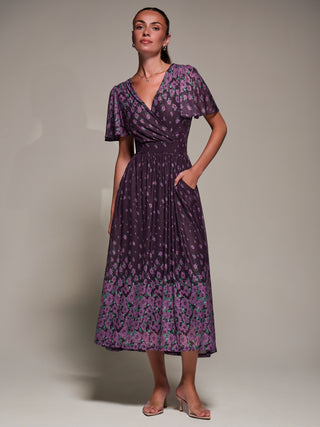 Mirrored Mesh Short Sleeve Midaxi Dress, Purple Floral
