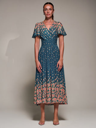 Mirrored Mesh Short Sleeve Midaxi Dress, Teal Floral